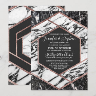 Modern Marble Rose Gold Trim Hexagon Wedding Invitation