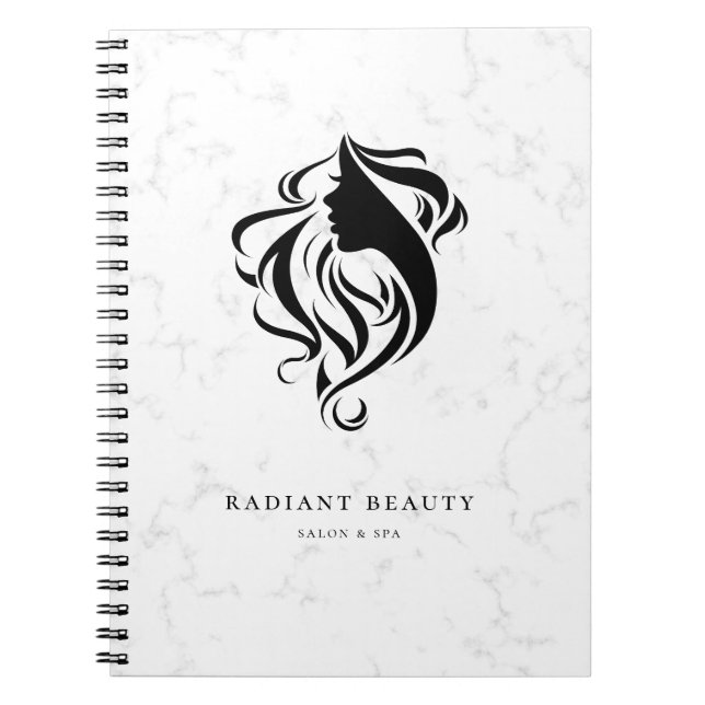 Modern Marble Salon Feminine Silhouette Black Logo Notebook (Front)