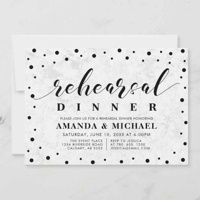 Modern Marble & Script Wedding Rehearsal Dinner In Invitation (Front)