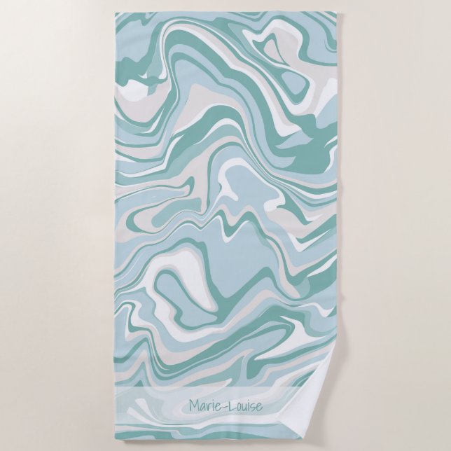 Modern Marble Turquoise Coastal Beach Sea Name Beach Towel (Front)
