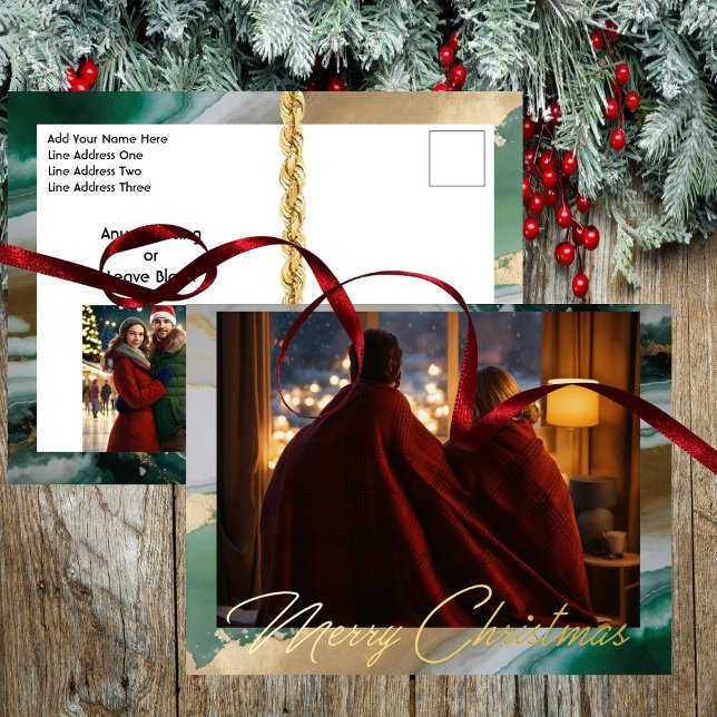 Modern Marble Two Photo Foil Holiday Postcard (Opulent Offering for Holiday Postcard - Foil Greeting - Rich Green Marble Backdrop)