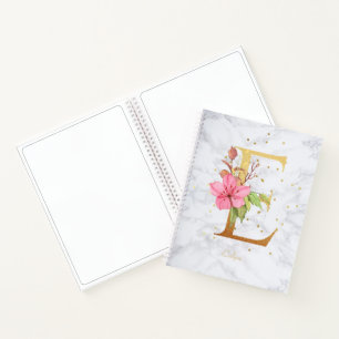 Modern Marble Watercolor Golden Monogram Letter E Notebook