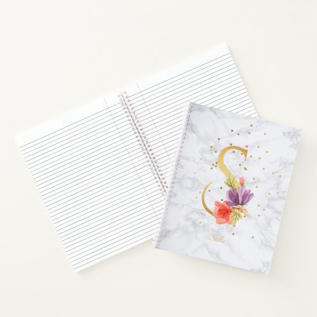 Modern Marble Watercolor Golden Monogram Letter S Notebook (Inside)