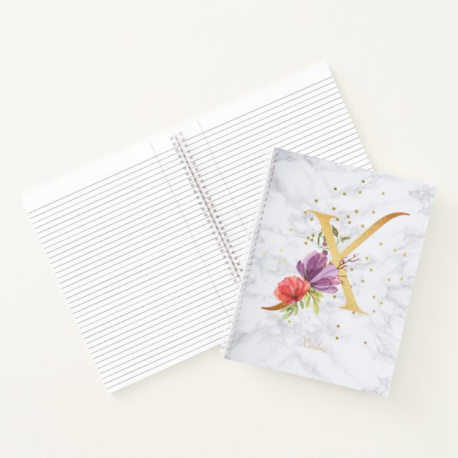 Modern Marble Watercolor Golden Monogram Letter X Notebook (Inside)