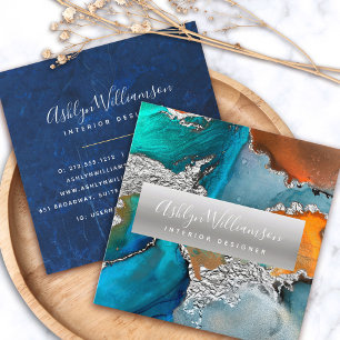 Modern marble watercolor silver turquoise script square business card