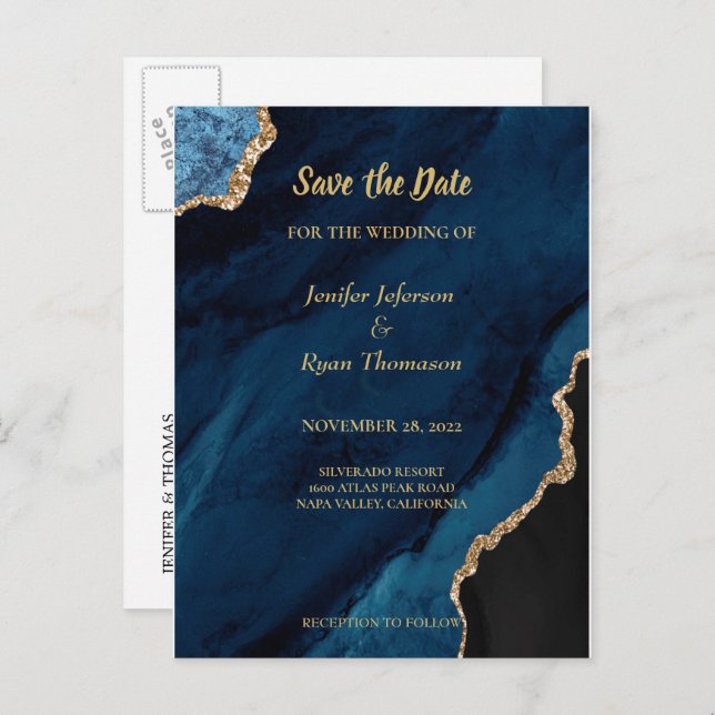 Modern marble wedding save the date postcard (Front/Back)