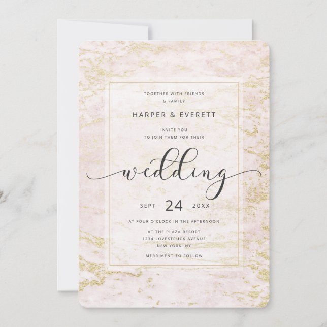 Modern Marbles in Blush with Gold Foil Wedding Invitation (Front)
