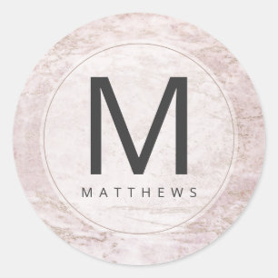 Modern Marbles in Mauve Rose Gold Monogram Wedding Classic Round Sticker