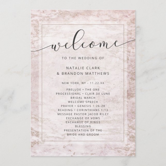Modern Marbles in Mauve Rose Gold Wedding Ceremony Program (Front)