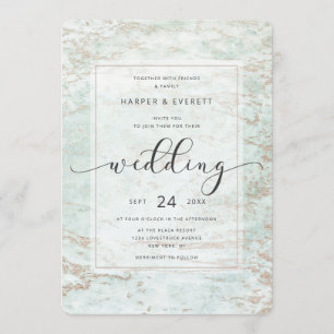 Modern Marbles in Mint with Rose Gold Wedding Invitation