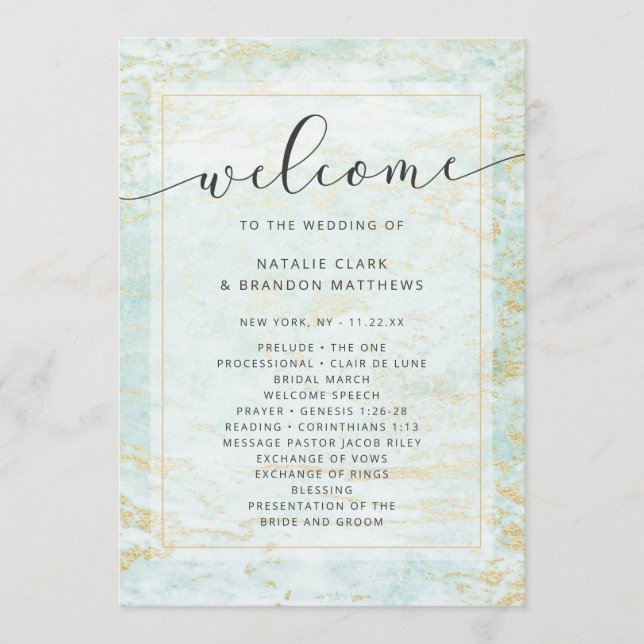 Modern Marbles in Ocean with Gold Wedding Ceremony Program (Front)