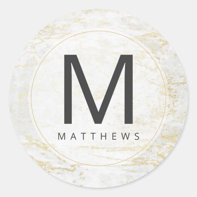 Modern Marbles in White with Gold Monogram Wedding Classic Round Sticker (Front)