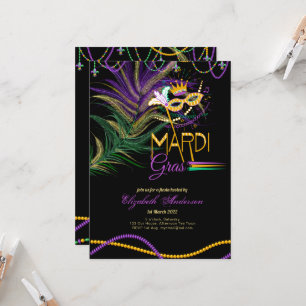 Modern MARDI GRAS Feathers Eye Mask Beads  Invitation