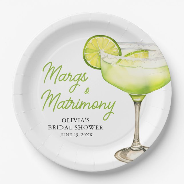 Modern Margs & Matrimony Cocktail Bridal Shower Paper Plate (Front)
