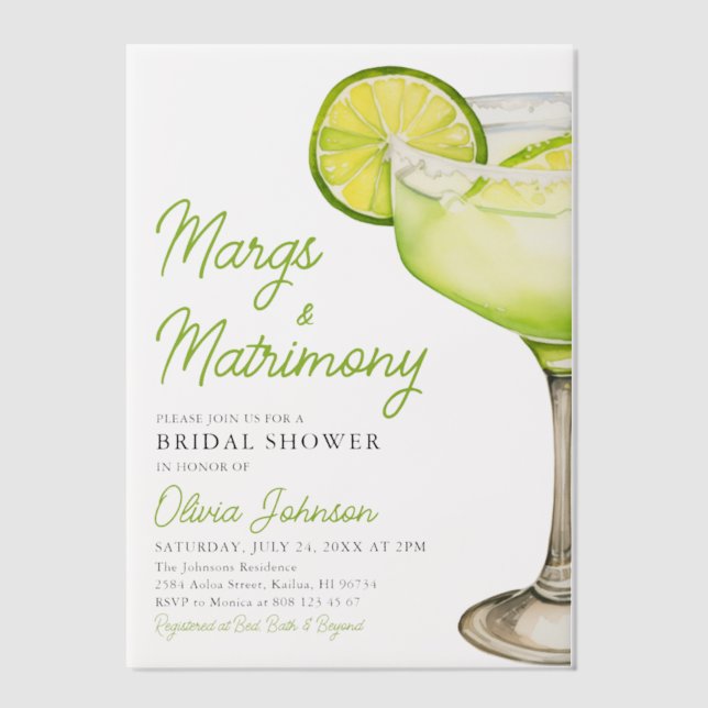 Modern Margs & Matrimony Cocktail Bridal Shower Vellum Invitations (Front)