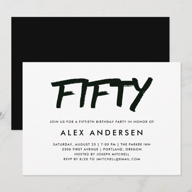 Modern Marker | Black and White Fiftieth Birthday Invitation (Front/Back)