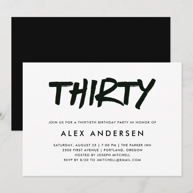 Modern Marker | Black and White Thirtieth Birthday Invitation (Front/Back)