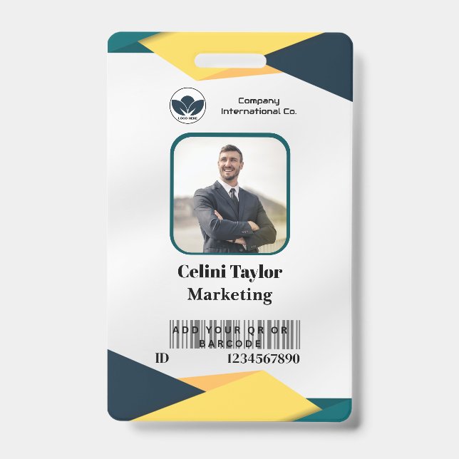 Modern Marketing Portrait ID Card (Green & Yellow) Badge (Front)