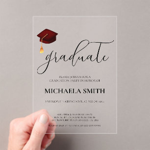 Modern Maroon Cap High School Graduation Party Acrylic Invitations
