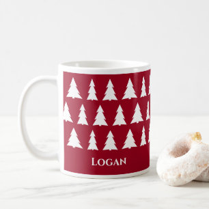 Modern Maroon Christmas Tree Pattern with Name Coffee Mug