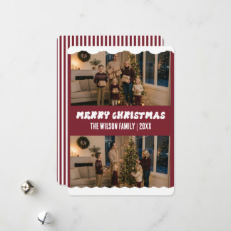 Modern Maroon Custom Two Photo Christmas Holiday Card
