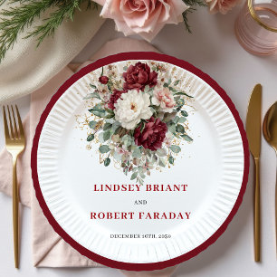 Modern Maroon Flowers Eucalyptus Gold Plates