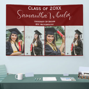 Modern Maroon Graduation Custom Photo Collage Name Banner