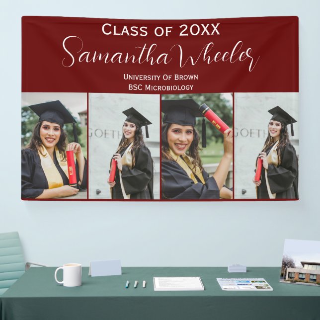 Modern Maroon Graduation Custom Photo Collage Name Banner (Tradeshow)