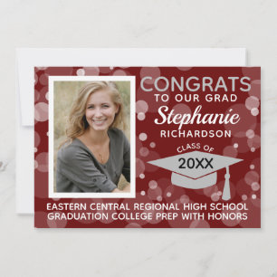 Modern Maroon Grey Bokeh Bubbles Photo Graduation Invitation