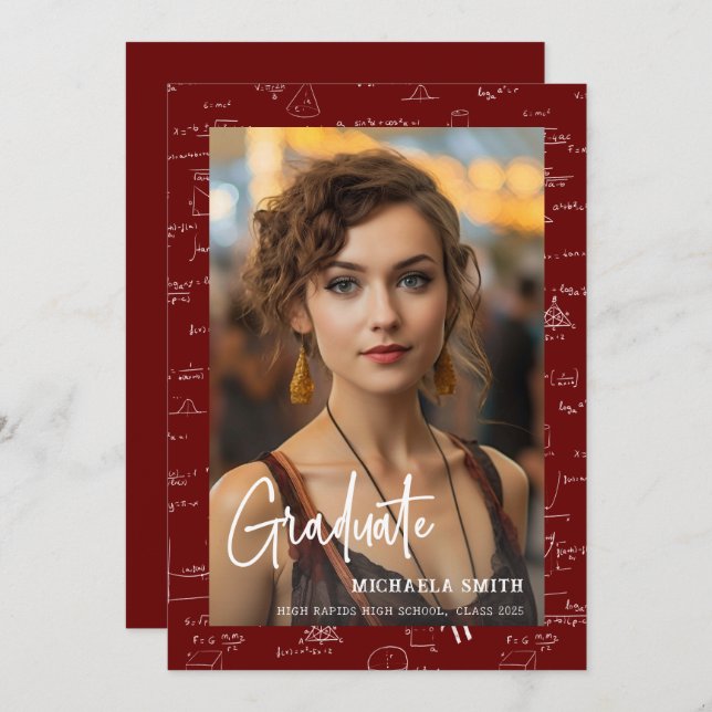 Modern Maroon Math Script Photo Graduation  Announcement (Front/Back)