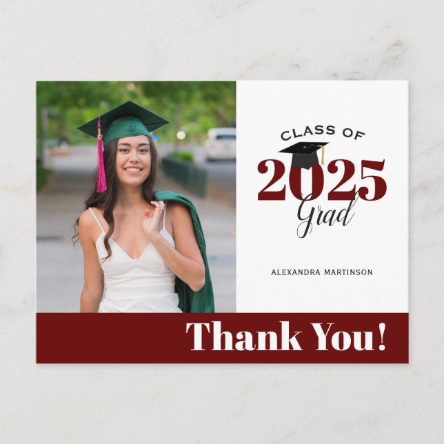 Modern Maroon Photo Graduation Thank You Postcard (Front)