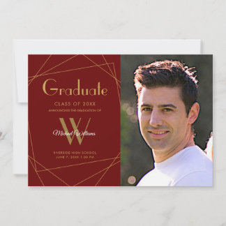 Modern Maroon Photo Monogram Geometric Graduation Announcement