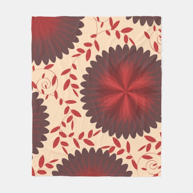 Modern Maroon Red Flowers & Vines Fleece Blanket (Front)