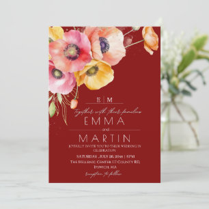 Modern Maroon Red Poppies Floral Wedding Invitation