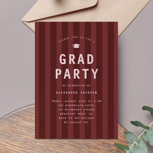 Modern Maroon Sporty Stripes Graduation Party Invitation (Creator Uploaded)