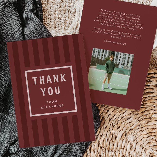 Modern Maroon Stripes Graduation Thank You Card (modern maroon red sporty stripes graduation thank you card)