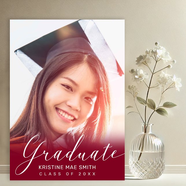Modern Maroon White Calligraphy Photo Graduation  Invitation (Maroon with White Calligraphy Script Photo Graduation Announcement and Party Invitation)