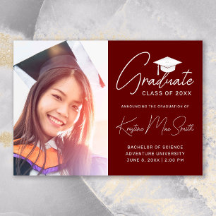 Modern Maroon White Cap Photo College Graduation Announcement