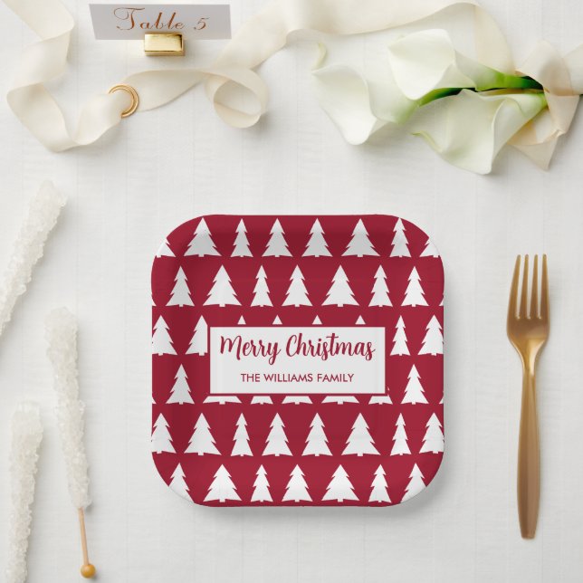 Modern Maroon White Tree Pattern Christmas Party Paper Plate (Wedding)