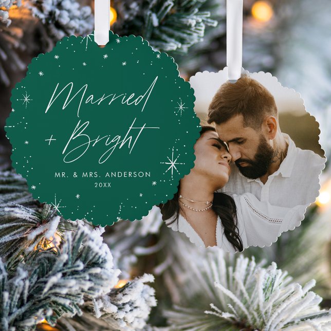 Modern Married and Bright Green Holiday Photo Ornament Card (Creator Uploaded)