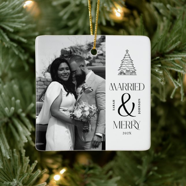 Modern Married and Merry Newlywed Bow Christmas Ceramic Ornament (Tree)