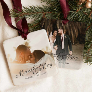 Modern Married and Merry Newlywed Photo Ornament