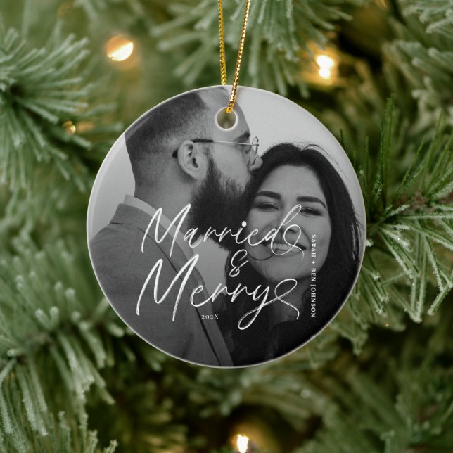 Modern Married and Merry Newlywed Script Christmas Ceramic Ornament (Tree)