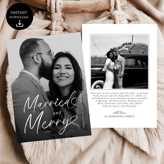 Modern Married and Merry Newlywed Script Christmas Holiday Card (Creator Uploaded)