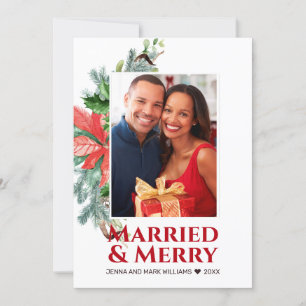 Modern Married and Merry Poinsettia Photo Holiday Card