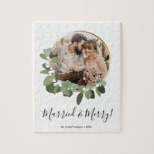 Modern Married and Merry Wedding Photo Christmas Jigsaw Puzzle