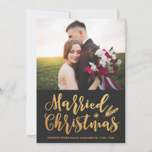 Modern Married Christmas   Pine Gold Photo Holiday Card