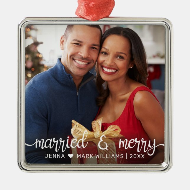Modern Married Merry White Script Photo Metal Ornament (Front)