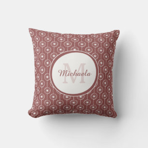 Modern Marsala Brown Monogrammed Name Heart Dots Throw Pillow