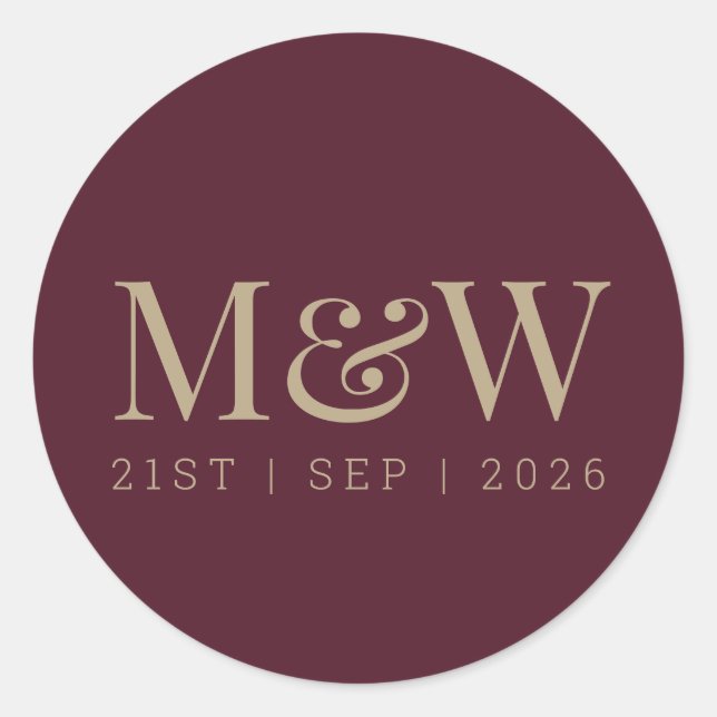 Modern Marsala Burgundy Gold Bride Groom Monogram Classic Round Sticker (Front)